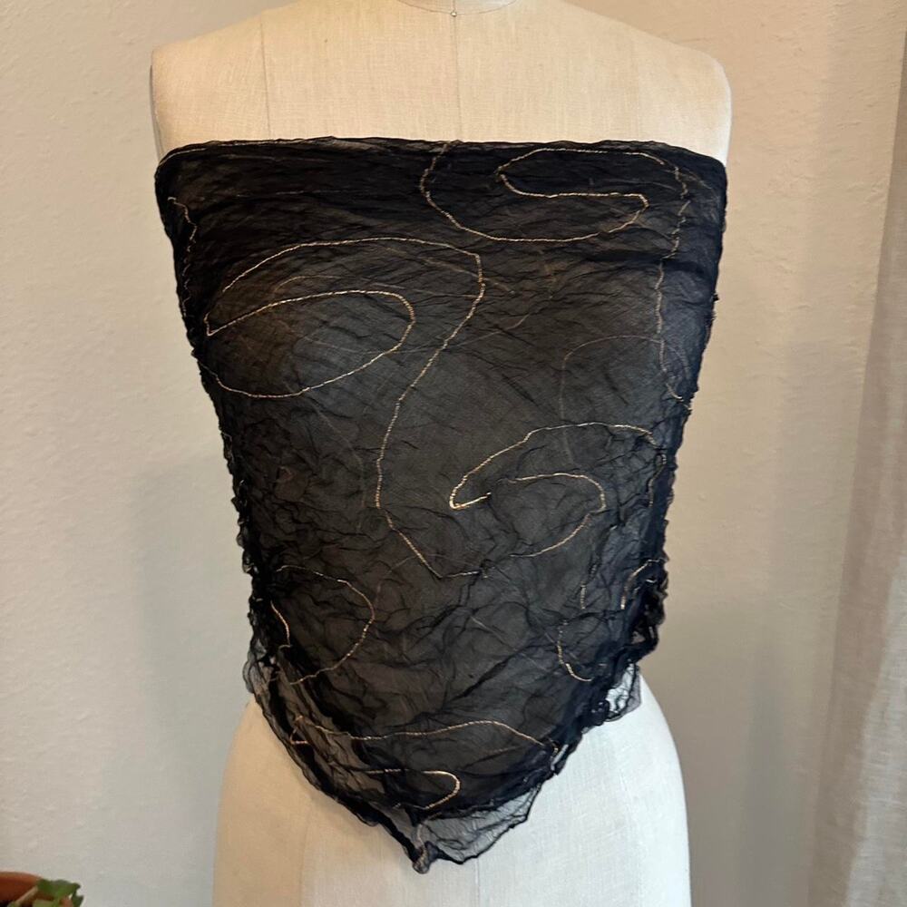 Vintage Women’s Scarf Black Sheer Gold Accents